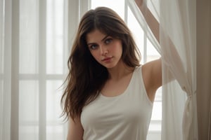 An image of Alexandra Daddario, with focus on her natural beauty. Her brown hair falls over her shoulders, enhancing her enigmatic expression. Her arms are crossed in front of her chest, with her white T-shirt slightly lifted, creating a sensual effect. The soft lighting enhances the texture of her skin and the details of her face. The image is in a romantic and sensual style, with an intimate atmosphere. The background is simple, with a soft yellow curtain, which adds a touch of color and mystery to the scene. The resolution of the image should be high, focusing on the sharpness and details of the skin and hair. 