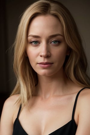A classic and elegant portrait of Emily Blunt, realistic blonde hairs, with a timeless and sophisticated look. The lighting is dramatic and intense, creating contrasting shadows that enhance the beauty of her features. The focus is on her expression and gaze, conveying a sense of mystery and elegance. The image should have deep and realistic colors, with an exceptional level of detail, similar to a high-quality oil painting.