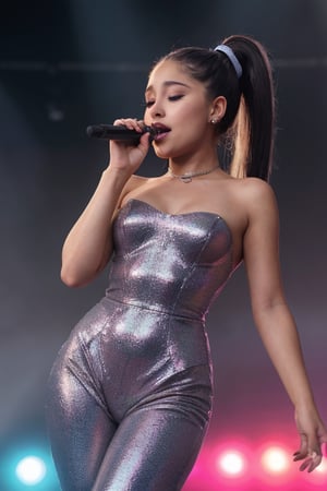 hyperrealistic photo of Ariana Grande on a lit stage, wearing a sparkling outfit with holographic details and high heels. Her hair is in a high ponytail, and she is singing with passion, transmitting energy to the audience. The stage lighting creates dramatic shadows and highlights her features. The image should have a cinematic style, capturing the vibrant atmosphere of a live performance. 