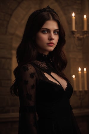 Alexandra Daddario in a gothic setting, with a mysterious and elegant look. The image captures the actress's beauty in a dark and intriguing context. Alexandra is wearing a long black lace dress, with velvet details and a crown of black flowers. Her brown hair is loose with soft waves, framed by a thin line of black eyeliner and dark red lipstick. The setting is a medieval castle with stone walls and candle chandeliers. The image should have a cinematic quality, with sharp details and a dramatic lighting that enhances her features.