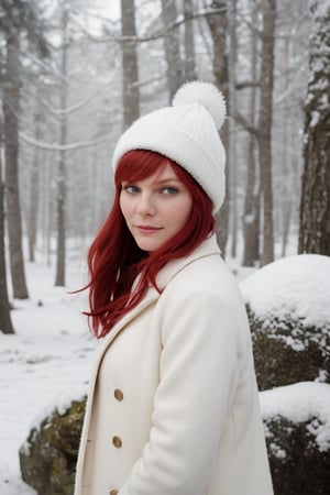 photo of Kirsten Dunst in a winter setting, wearing a white wool coat and a felt hat. She is in a snow-covered forest, with a contemplative gaze and a slight smile, with her red hair blowing in the wind. The image has a romantic and natural style, with shades of white and blue, and a focus on the beauty of winter.