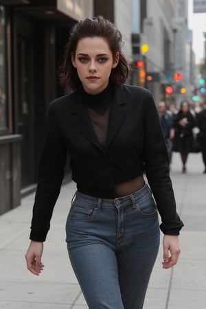 score_9, Kristen Stewart, front view, upperbody closeup, walking in the city, wearing refined clothes, looking at the viewer