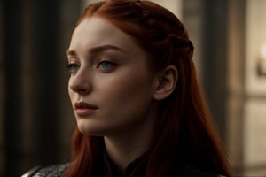 hyperrealistic photo of Sophie Turner in a scene from "Game of Thrones",  with  focus  on  her  character  Sansa  Stark. The  image  has  a  cinematic  style,  capturing  the  essence  of  the  scene  and  the  story  of  "Game  of  Thrones",  with  a  touch  of  realism  and  dramatic.