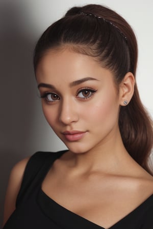 hyperrealistic photo of Ariana Grande, from the waist up, showcasing her high ponytail and flawless makeup, with a bold eyeliner and red lipstick. Soft and natural lighting enhancing the shadows and contours of her face. Perfect skin texture, with realistic details of pores and makeup.