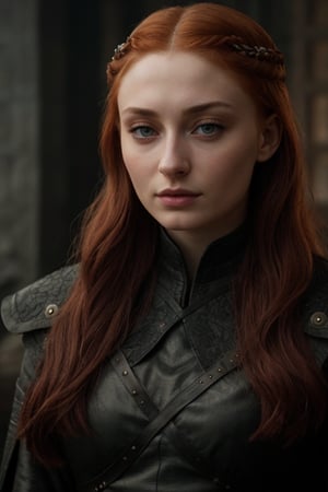 hyperrealistic photo of Sophie Turner in a scene from "Game of Thrones",  with  focus  on  her  character  Sansa  Stark. The  image  has  a  cinematic  style,  capturing  the  essence  of  the  scene  and  the  story  of  "Game  of  Thrones",  with  a  touch  of  realism  and  dramatic.