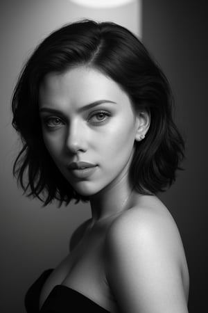 A classic hyperrealistic portrait of Scarlett Johansson, with a monochrome background and soft lighting that enhances the lines of her face. She is wearing an elegant black dress, with an intense and enigmatic gaze. Her light brown hair is styled back, revealing her face and neck. The image has a vintage style, focusing on natural beauty and Scarlett's expression. 