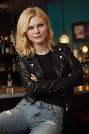 photo of Kirsten Dunst with a rock and roll look, wearing a black leather jacket, ripped jeans, and a revealing mini-shirt that shows off her blonde hair. She is in a rock and roll style bar with colored lights and smoke, with a mischievous smile, ready for the party. The image has a cinematic style, focusing on the energy of the place, Kirsten's look, and the vibrant atmosphere of the bar.