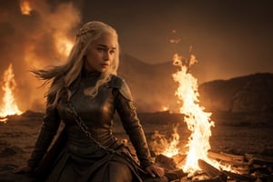 hyperrealistic photo of Emilia Clarke, realistic blonde hairs, as Daenerys Targaryen, in an epic and dramatic scene from "Game of Thrones". She is riding her dragon Drogon, amidst a sea of flames. The dragon's fire illuminates Daenerys' face, revealing her strength and determination. The scene is a grand battle, with smoke, ruins, and soldiers. The image should have a cinematic style, with high resolution, warm colors, and dramatic shading, like a scene from an epic fantasy film.