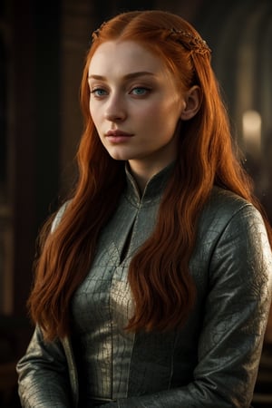 hyperrealistic photo of Sophie Turner in a scene from "Game of Thrones",  with  focus  on  her  character  Sansa  Stark. The  image  has  a  cinematic  style,  capturing  the  essence  of  the  scene  and  the  story  of  "Game  of  Thrones",  with  a  touch  of  realism  and  dramatic.