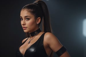 A hyperrealistic photo of Ariana Grande in a scene from the "Break Free" music video, with her hair in a high ponytail and a daring look. She has a strong and confident expression, wearing a leather outfit with a metal necklace. The lighting is intense and dramatic, with focus on her beauty and the energy of the video. The image should have a cinematic style, with as much realism as possible, capturing the essence of the original scene from the music video. 