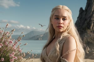 hyperrealistic photo of Emilia Clarke, realistic blonde hairs, as Daenerys Targaryen, in a moment of peace and introspection. She is riding Drogon, in a tranquil setting, such as a field of flowers or a beach. Daenerys has a serene expression, observing the environment around her. The dragon Drogon is at rest, with its wings folded, looking calm and serene. The image should have a melancholic and poetic style, with soft lighting and pastel colors.