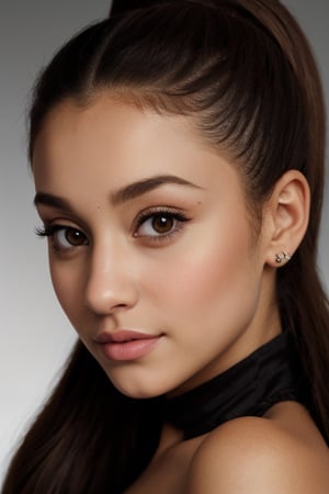 A classic portrait of Ariana Grande, with focus on her high ponytail and brown eyes. Dramatic lighting enhancing the shadows and contours of her face. Perfect skin texture, with realistic details of pores and shadows. The image should have an atmosphere of timeless elegance.
