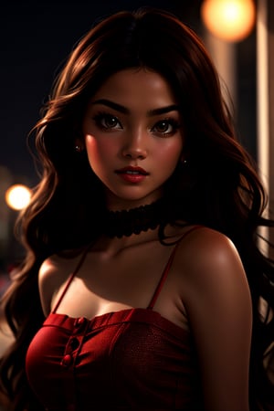 hyper-realistic 8k, young beautiful pakistani girl, detailed eyes, sensual eyes, brown colored eyes, light freckles on face, red nose, dimples on the cheek, sexy lips, parted lips, dark red lipstick, long hair, short dress, smirk, pakistani origin girl, cute face, perfect face symmetry
 