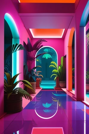 the scene is focused on a central room surrounded by 3 tall open doorways on 2 parallel sides of the room, these doorways are seemingly leading to other identical rooms whose only difference is its illumination by natural light pouring from large windows. Each room features tropical fauna and flora with a heavy emphasis on water features such as pools and waterfalls. The scene’s colour palette consists of neon colours taken from a cyberpunk set of colours such as pink, blue, orange, purple, white, and green. the only living elements in the scene are tropical fauna and flora.