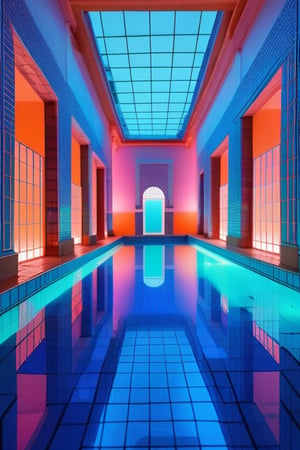 A liminal pool room surrounded by tall doorways leading to mazes of bright blue water contained by white tiles. Soft neon lights glow hues of orange, blue, pink, purple, and green. There are large windows, but they seem to be looking out towards the bright skies above the clouds.