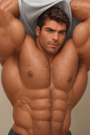 A muscular Hispanic man, with exteremely lean muscles, a low body fat, lean muscular physique, hairy, rugged, (lifting his shirt overhead), close up, lean muscles, (((wearing godly clothes, huge muscular physique,))), blue eyes, muscular man, hairy, light beard, pants falling off, short hair,))