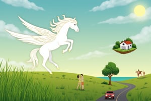 a dreamlike landscape where you see a winged horse flying over a green field, a floating house, an image of a couple of people hugging, a blur, a car on the road,