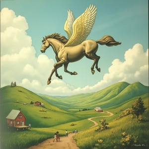 a dreamlike landscape where you see a winged horse flying over a green field, a floating house, an image of a couple of people hugging, a blur, a car on the road,