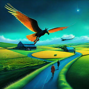 Surrealist painting. a dreamlike landscape where you see a winged horse flying over a green field, a floating house, an image of a couple of people hugging, a blur, a car on the road,