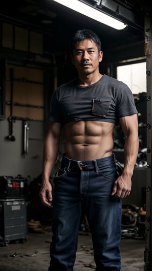 A photo of a rugged Japanese male mechanic working on a car engine, he is wearing a tight work shirt, jeans, and a tool belt, BREAK ((his work shirt slightly open, revealing his muscular chest)) BREAK female customers peeking into the garage, another mechanic handing him a wrench in the background, ((cinematic lighting)).