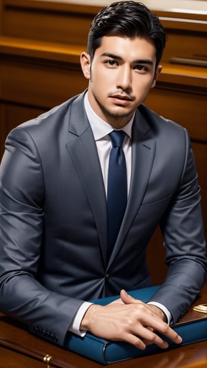 Handsome Young Hispanic Lawyer: A confident and eloquent young Hispanic lawyer in his early 30s, dressed in a sharp suit, passionately presenting a case in a courtroom.