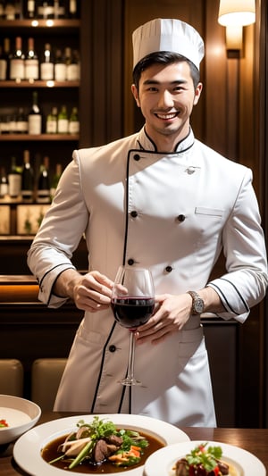 Handsome 30yo Asian Chef: A sexy muscular, dashing Asian chef in his late 20s, wearing a crisp white chef's coat, serving ladies with wine in a  luxury French restaurant. sexy wink. evil alluring smile.