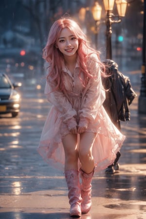 Masterpiece, top quality, 1 girl, looking at viewer, smile, long hair, choppy bangs, pink hair. Hood up, yellow raincoat, girl, rain boots, wet hair, raindrops, puddles, smiling, splashing, cloudy sky, reflective strips, playing in rain, waterproof fabric Strong wind, heavy rain, storm clouds, wind noise, flying debris, lightning, traffic congestion, people seeking shelter, crashing waves, storm preparations, street road. Outdoors, dynamic, highly detailed, concept art, smooth, sharp focus.