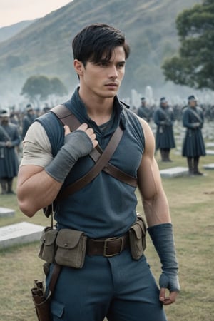 Create a muscular extremely handsome black-hair blue-eyed 20yo male soldier, with one arm covered by bandages, saluting to dead people in the military graveyard. hyper-detail, masterpiece, in the background look like The hobbit movie of Hollywood vibe, depth_of_field