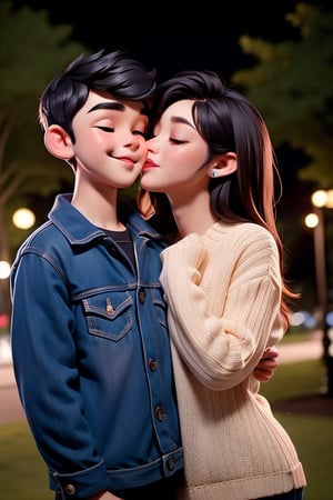 A boy is kissing a girl in a park, night light, sweet couple.