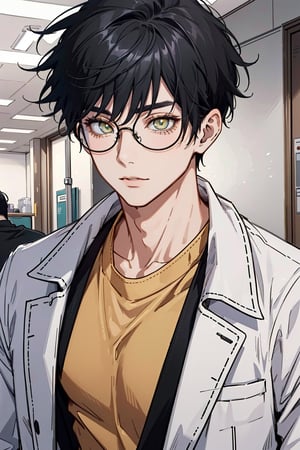 1 boy,edge light,looking_at_screen,masterpiece,best quality,single,Gojo Satoru, white coat, black-rimmed eyeglasses, detail,bright eyes with, black hair, loose yellow shirt, hospital office background