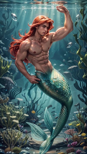 Disney, handsome version of Ariel genderbend, blond hair, man submerged underwater, coral reef, air bubble, dynamic pose, floating hair,nude, (Mermaid tail:1.4), best quality, masterpiece, realistic, cinematic composition, (detailed background), depth of field, intricate details, 8k, detailed skin texture, detailed face, realistic eyes, male focus, photo of a man, masterpiece, cinematic