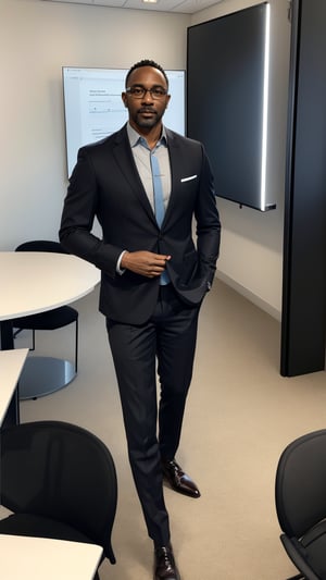 Handsome Middle-aged Black Architect: A sophisticated middle-aged black architect in his mid-40s, wearing a tailored suit and glasses, presenting a new building design to clients in a sleek conference room.