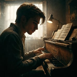 (masterpiece portrayal of movie in intimate action), 

(8K, raw photo, highest quality, Masterpiece: 1.2), 

A 18yo handsome musician sits at a grand piano, his face tilted slightly towards the keys as he plays with focused intensity. The camera captures him in a side profile perspective view, showcasing the subtle curve of his nose and the determined set of his jaw. Soft, warm lighting illuminates the scene, casting a gentle glow on the pianist's skin. dust. spotlights.

 --v 5 --ar 16:9 --style traditional France --lighting soft twilight glow --color palette muted grays and warm tone,Handsome boy