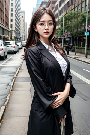 photorealistic:1.37, masterpiece, best quality, raw photo, absurd res, UHD, 1girl, medium breasts, brown hair, conservative, businesswoman dress, serious pose, looking at the viewer, on street, intricate detail, detailed background, detailed skin, pore, highres, hdr, eyeglasses, 20 years old, pink high-sleeve shirt, black suit coat, white long skirts.
