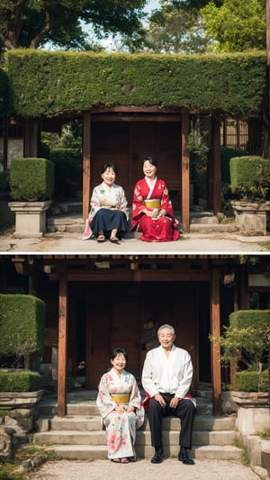 A mature Japanese couple, dressed in traditional kimonos, participate in a serene tea ceremony in a beautifully landscaped garden, savoring the peaceful moment together.