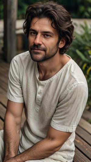 Generate a hyper-realistic image of a man with shoulder-length, wavy dark brown hair and a light beard. He is wearing a white linen shirt with the top buttons undone and light khaki pants. His expression is thoughtful and calm, with a gentle smile. His gaze is directed towards the viewer. He is sitting on a wooden pier, with one hand resting on his knee and the other trailing in the water.