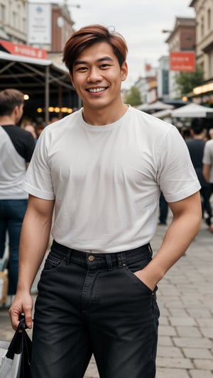 Generate a hyper-realistic image of a young Asian man with medium-length, auburn hair and a slight stubble. He is wearing a casual white button-down shirt and black jeans. His expression is approachable and friendly, with a genuine smile. His gaze is directed towards the viewer. He is standing in a busy street market, with one hand holding a shopping bag and the other pointing towards a stall. laughing happily, excitement.