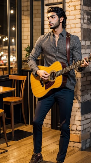 Handsome Young Middle Eastern Musician: A stylish young Middle Eastern musician in his early 30s, dressed in trendy clothes, playing the guitar passionately on a small stage at a cozy cafe.