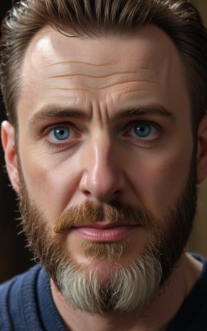 (best quality, 4k, 8k, highres, masterpiece:1.2), ultra-detailed,Chris Evans, upper body, realistic, looking at viewer, as an old sage with a long beard, darkblue eyes that have seen centuries, natural shadow, depth of field, aesthetic, wise and enigmatic