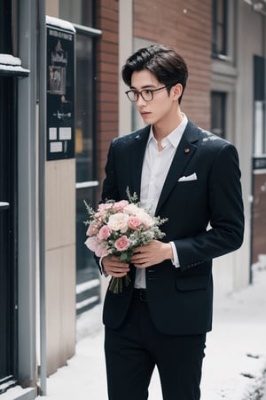 A dedicated handsome 30yo slim fit teacher standing outside his girlfriend’s apartment on a snowy day, patiently waiting with a bouquet in hand, his breath visible in the cold air.

