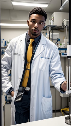 Handsome Young Black Scientist: A brilliant young black scientist in his early 30s, wearing a lab coat and holding a test tube, working on groundbreaking research in a state-of-the-art laboratory.





