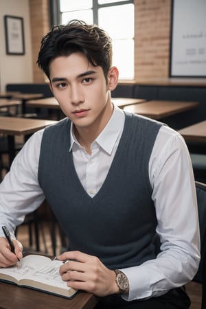 A dedicated handsome 30yo slim fit teacher in a café, sketching a portrait of his girlfriend in a notebook, his eyes filled with admiration.