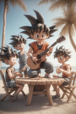 anime 3d: Goku sits outside at a table by the beach with his friends. Goku playing the guitar and singing. His friends clink glasses and sing along to the song and have fun.