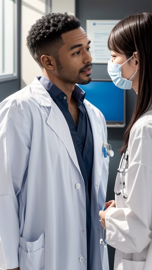 Handsome Middle-aged Black Doctor: A distinguished black doctor in his early 40s, wearing a white lab coat and stethoscope, warmly greeting a patient in a modern medical clinic.