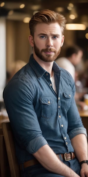 ((masterpiece, best quality)), absurdres, (Photorealistic 1.2), sharp focus, highly detailed, top quality, Ultra-High Resolution, HDR, 24K, photo of handsome man, photo of handsome man, 30 year old man, (Captain America from "Avengers":0.6) (Chris Evans:1.2) ((((as a high school student in a "Gossip Girl" soap opera, in a school cafe))) , epiC35mm, film grain, full body view, (plain background:1.6), muscular body, pale skin, (((tight pants, tiny bulge))), short blond hair, photo of perfect eyes, dark eyes, smiling face.