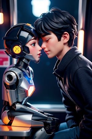 A boy is sitting together with his AI female robot, but kissing another human girl in a train, night light, love triangle.