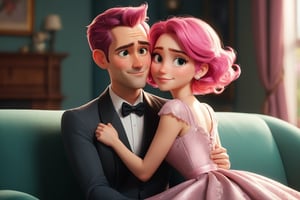 pixar style, a handsome 30yo man, hugging his cute wife(pink hair, elegant dress) on the sofa