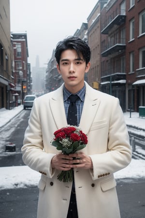 A dedicated handsome 30yo slim fit teacher standing outside his girlfriend’s apartment on a snowy day, patiently waiting with a bouquet in hand, his breath visible in the cold air. snowing heavily. snow-covered hair and coat.

