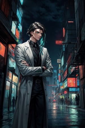//quality, (masterpiece), (detailed), ((,best quality,)),//,(1boy), (mature man), (tall), ((very tall),//,hairstyle, long hair, (cyan hair: 1.3), detailed eyes, ((emerald green eyes)),//, fit body, a handsome black-haired doctor in white coat; blue eyes; action: arms crossed; scenery: nighttime, busy city, cyberpunk city.