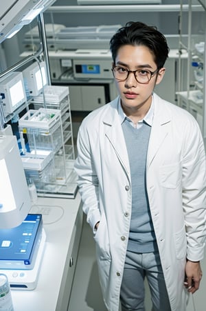 A whimsical handsome 1boy scientist, donning a crisp white coat and round glasses, stands at attention in a sprawling brain research laboratory. Looking directly at the viewer, The camera shoots from a low angle, emphasizing his imposing presence amidst the sterile lab equipment and high technology.